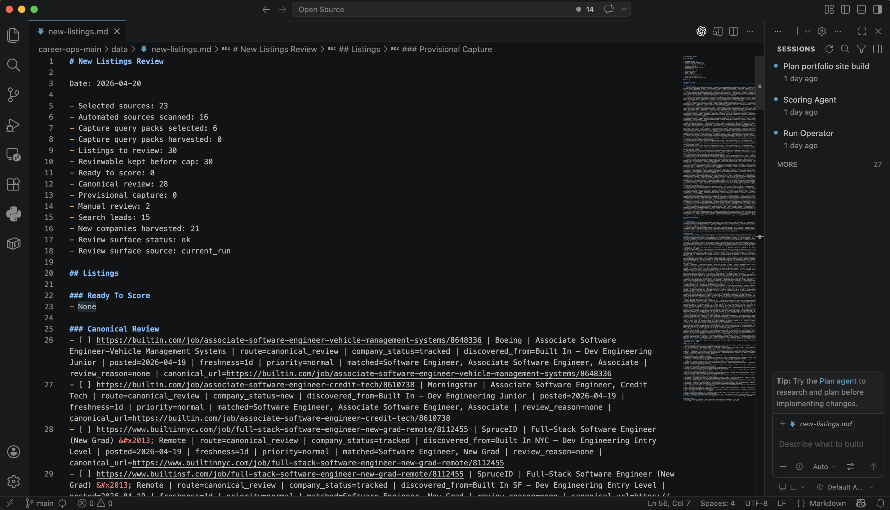 Run output summarizing scanned sources, candidate listings, duplicates filtered, and review bundles produced.