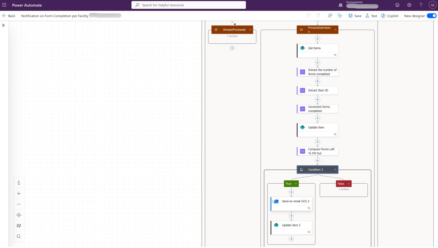 Power Automate workflow with branching logic, updates, and notification actions.