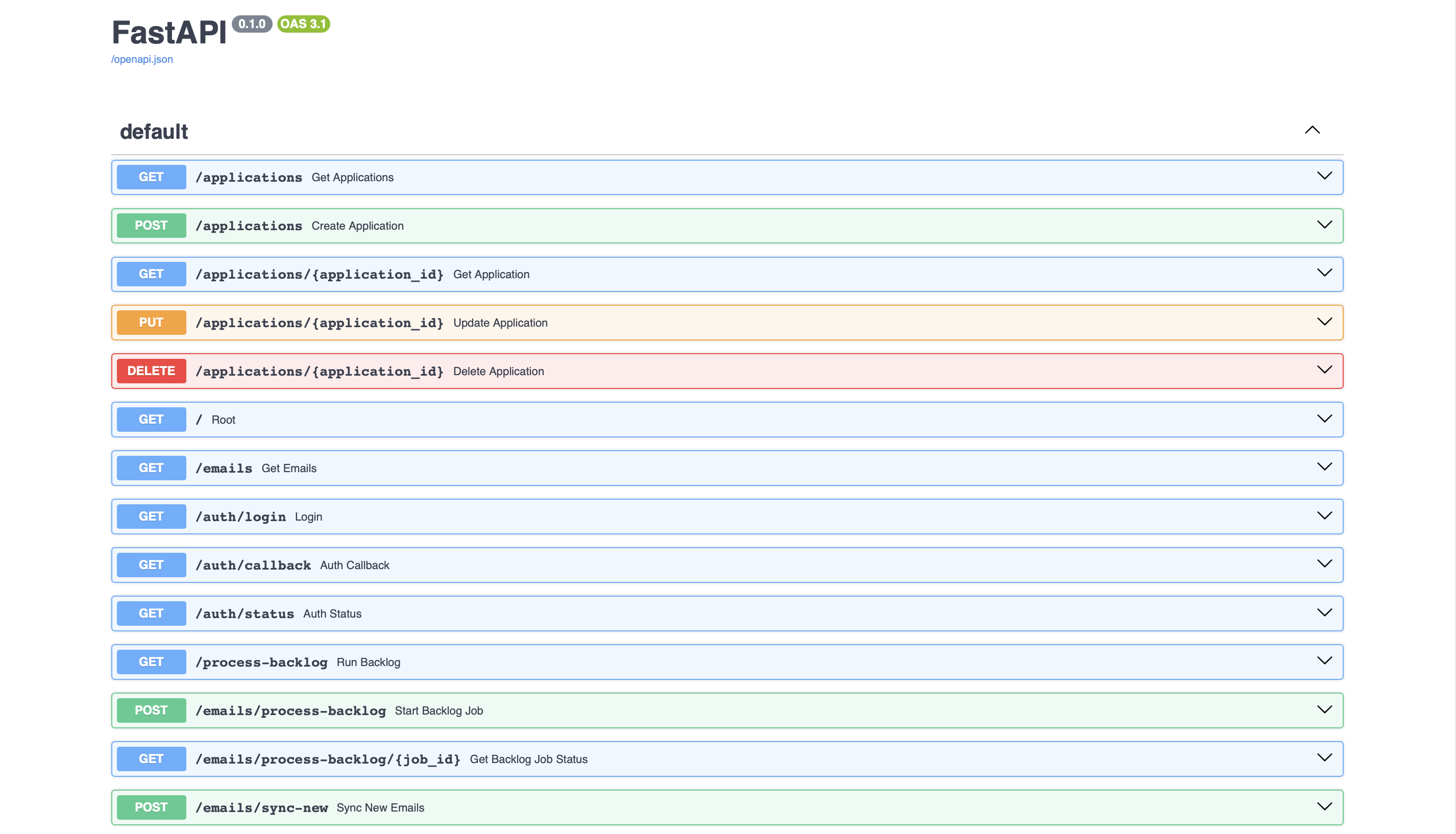 FastAPI documentation for application, email, auth, and backlog processing endpoints.