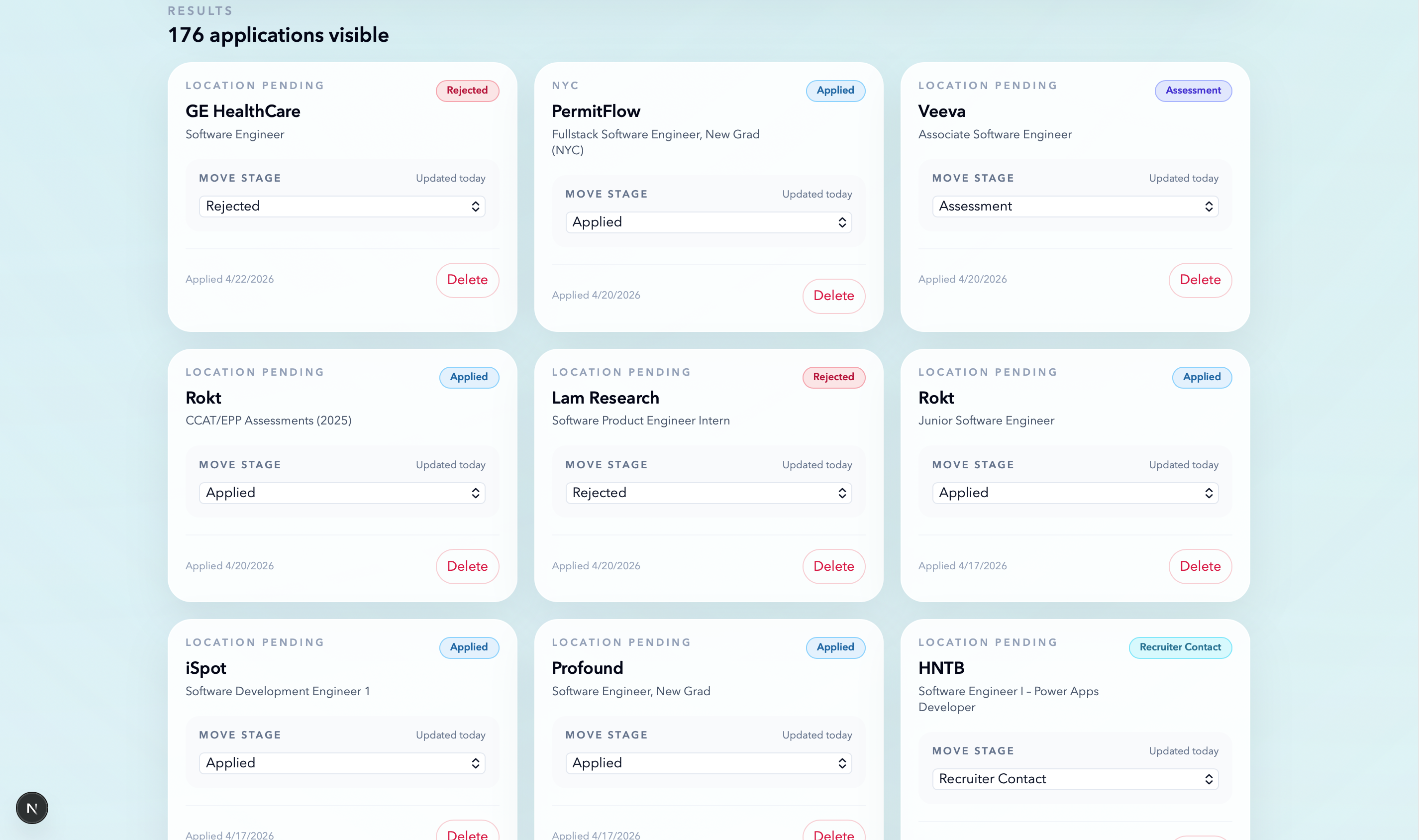 Application board showing companies, roles, and workflow stage controls.